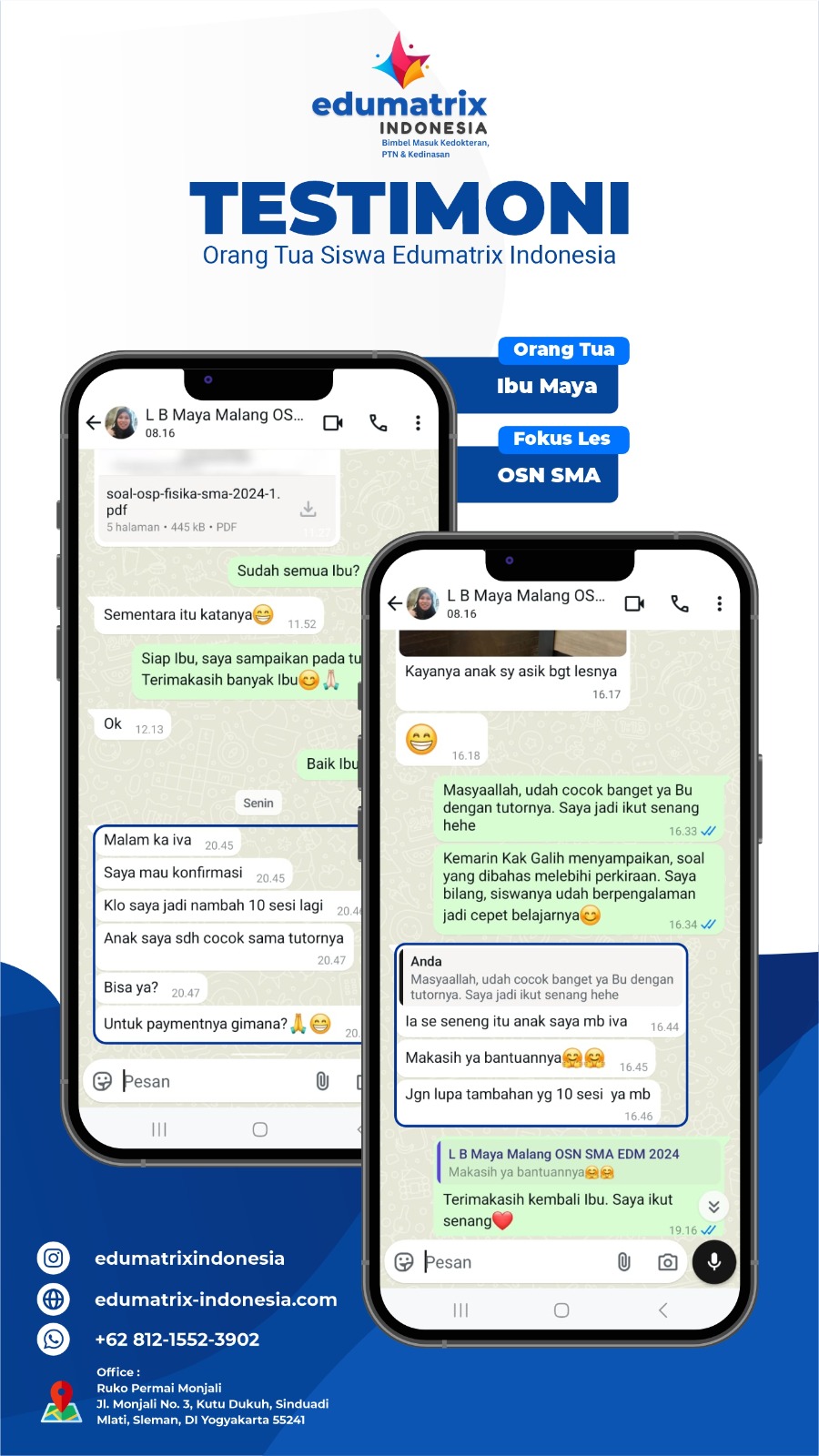Testimoni Ibu maya orang tua siswa bimbel & les privat osn terbaik